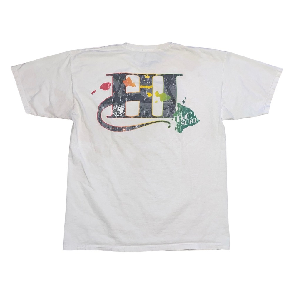 T&C Surf Designs Hawaii Mens Large White T-Shirt Rainbow Islands Graphic HI Logo